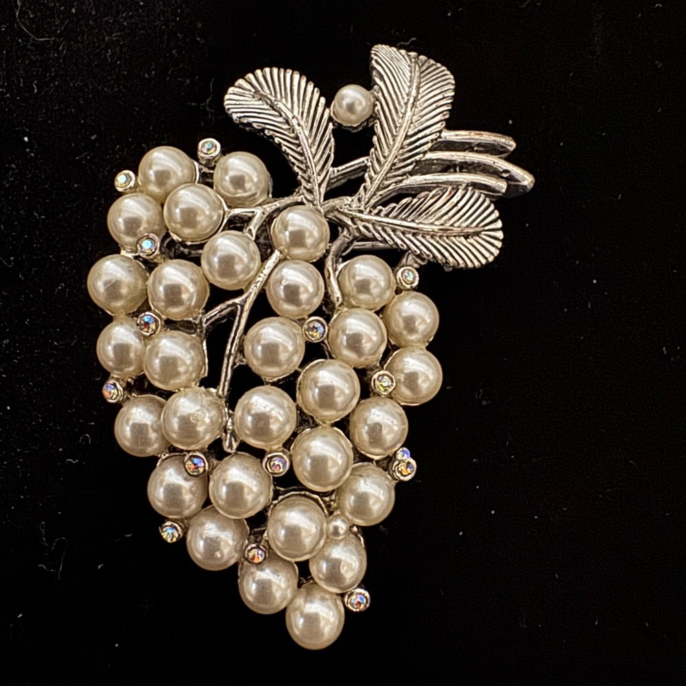 Vintage Silver Tone Faux Pearl Brooch With Crystal Accents